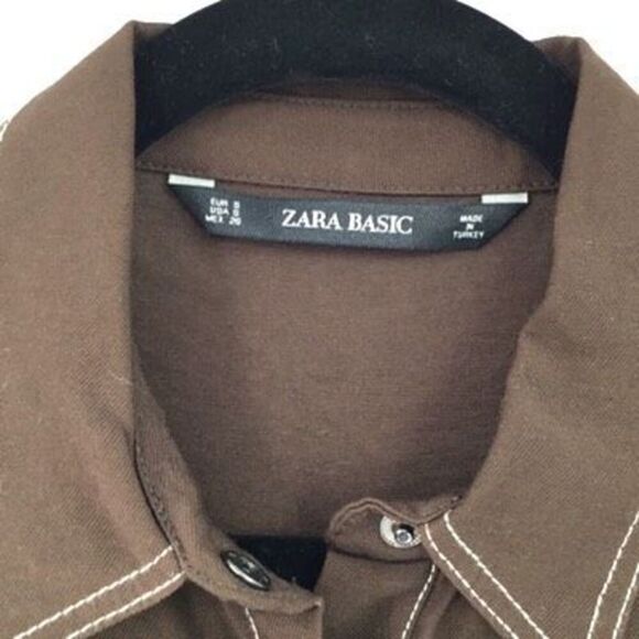 ZARA Basic Brown Cowgirl Western Collared Long Sleeve Button Up Shirt Small - Picture 2 of 7